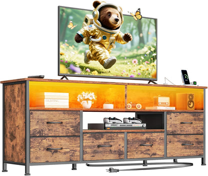 Furologee 55" Dresser TV Stand with LED & Charging Station – Media Console Table with 6 Drawers for Bedroom or Living Room