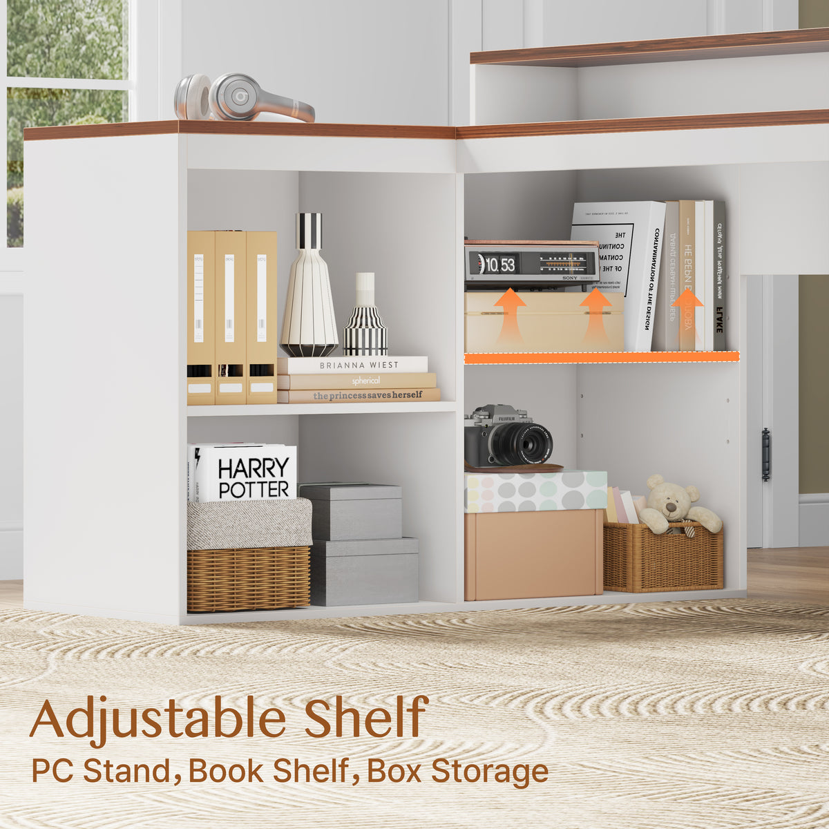 Furologee 59" Farmhouse L Shaped Desk with Printer Shelf, Storage Cabinet, Computer Desk with Power Outlets, Home Office Workstation with Wooden Drawers and Monitor Stand, Brown and White