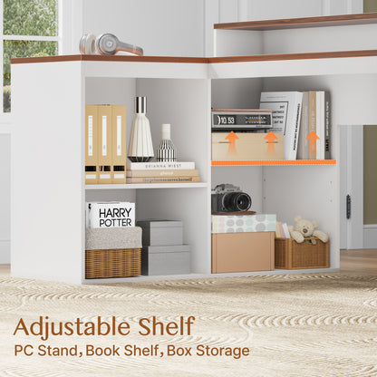 Furologee 59" Farmhouse L Shaped Desk with Printer Shelf, Storage Cabinet, Computer Desk with Power Outlets, Home Office Workstation with Wooden Drawers and Monitor Stand, Brown and White