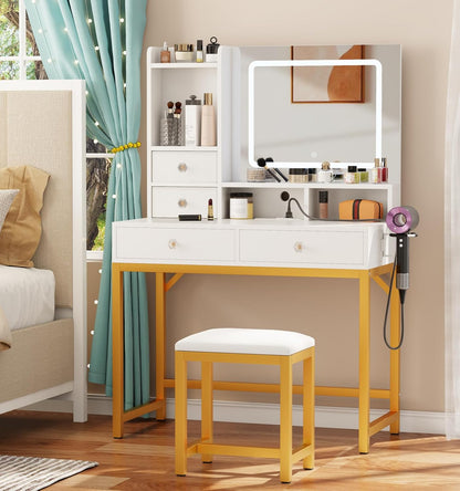 Furologee Vanity Desk with LED Lights Mirror and Power Outlets, Small Makeup Vanity Desk Stool Set with 4 Drawers, Dressing Table with Chair for Bedroom,3 Model Adjustable Lights,White and Gold