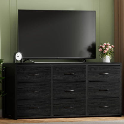 Black Dresser for Bedroom, Long Dresser for Closet, 9 Drawer TV Stand for 65 Inch TV, 15.75” Deepth Fabric Drawer, Chest of Drawer Large Storage Organizer, Hallway Furniture, Wooden Top Side