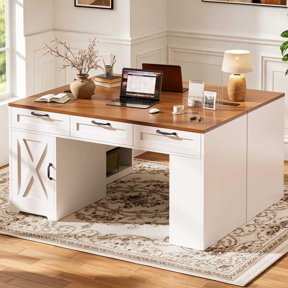 Furologee 55" Farmhouse Desk with Charging Station & Drawers, Walnut White
Executive Computer Desk with 3 Wooden Drawers, Storage Cabinet and Open Storage Shelf, Large Workstation for Home Office£¬Work, Study