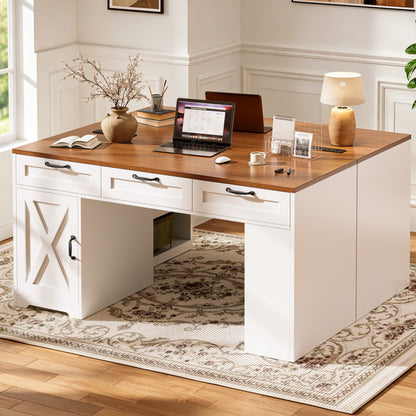Furologee 55" Farmhouse Desk with Charging Station & Drawers, Walnut White
Executive Computer Desk with 3 Wooden Drawers, Storage Cabinet and Open Storage Shelf, Large Workstation for Home Office£¬Work, Study
