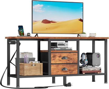 Furologee 42" TV Stand with 2 Fabric Drawers – Small Media Console with Open Storage Shelves for Bedroom & Living Room, Rustic Brown