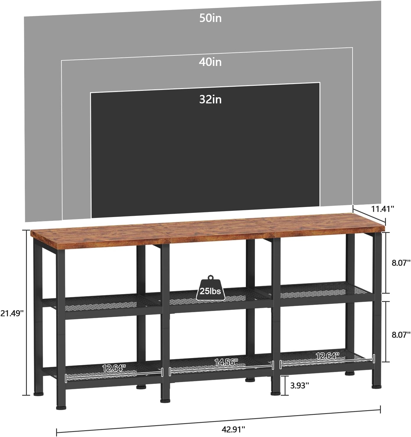 Furologee 3-Tier TV Stand for TVs up to 50” – Small Industrial Media Console with Open Storage Shelves for Living Room or Bedroom