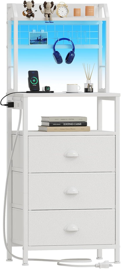 Furologee 40" Tall Nightstand with Charging Station, LED Lights & Storage – Bedside Table with Drawers & Pegboard