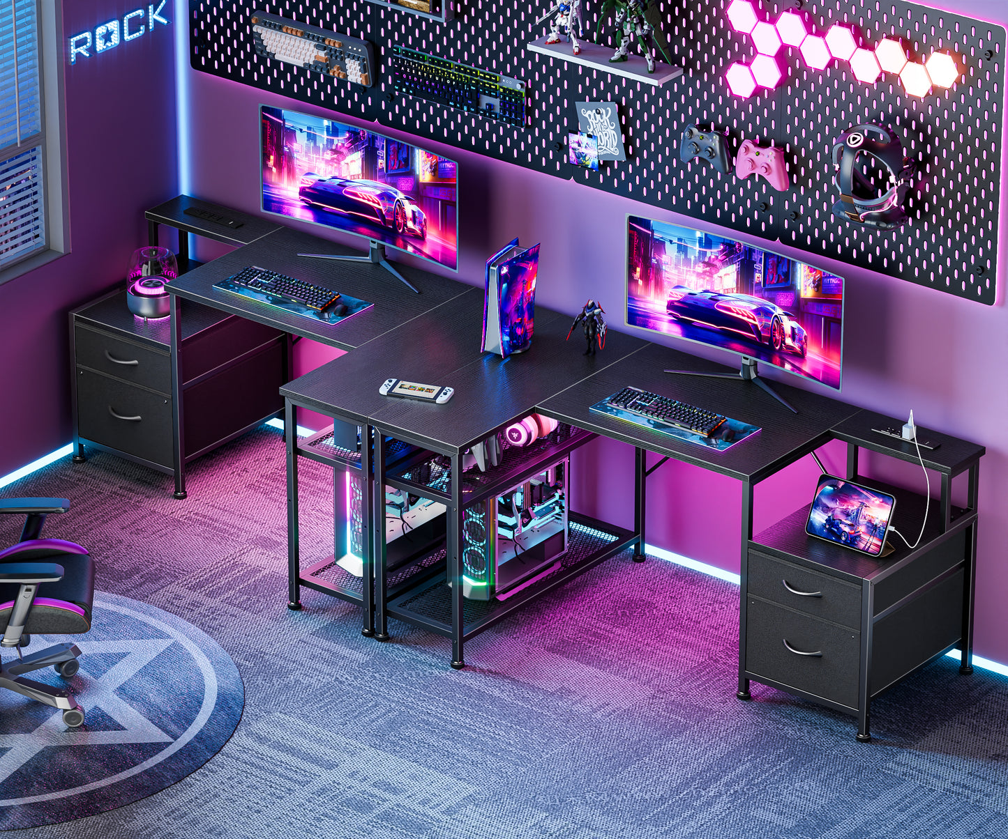 Furologee 49 Inch L Shaped Computer Desk with Power Outlets, Home Office Desk with Fabric Drawer & File Cabinet, Reversible Corner Gaming Desk with Printer Stand, for Working, Studying, Gaming, Black