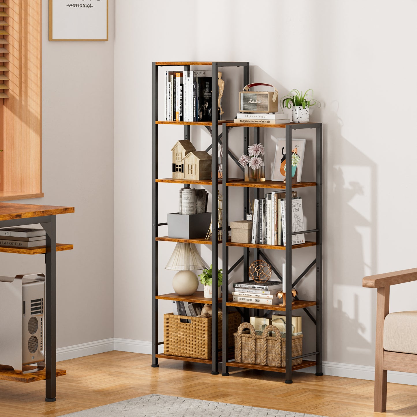 Furologee 6 Tier Bookshelf, Tall Narrow Bookcase, Rustic Brown 59.6'' Tall Industrial Display Shelf, Freestanding Units for Bedroom, Living Room, Office, Bathroom, Holds 30lbs per tier