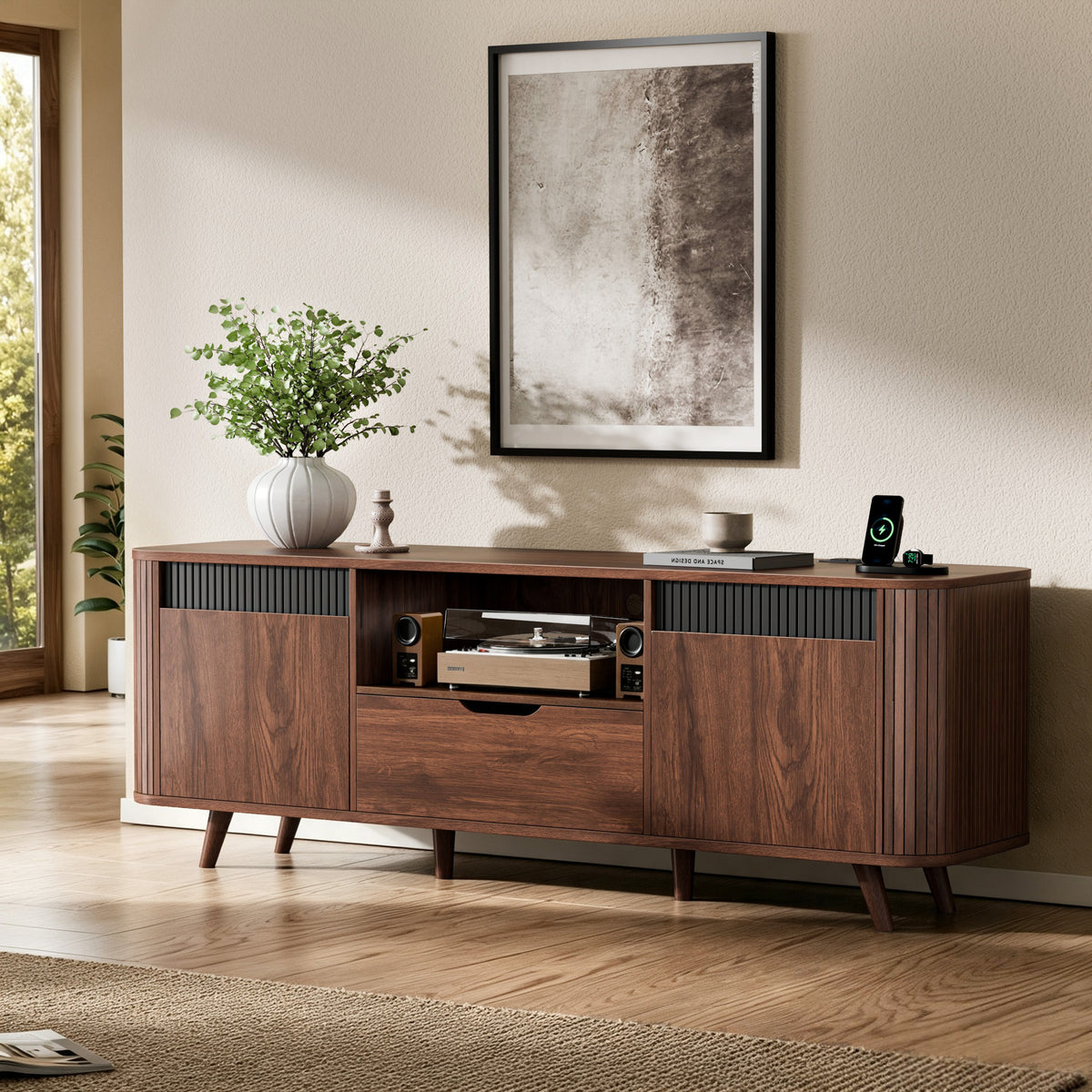 Furologee 55'' TV Stand for 60'' TV, Entertainment Center with Power Outlet

Mid Century Fluted TV Console Table with Drawer, 2 Cabinets and Open Shelves for Living Room, Bedroom, Cord Holes, Walnut