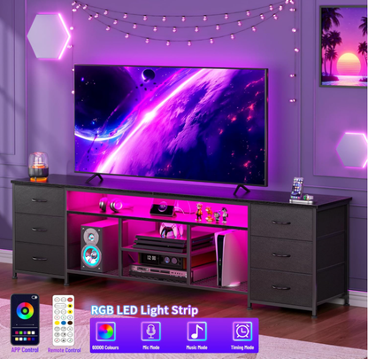 Furologee 71 Dresser TV Stand with LED Lights & Charging Station Black Chest of Drawers with 6 Fabric Drawers for 70 75 80 inch TVs Open Storage Shelves TV Stand for Bedroom Living Room