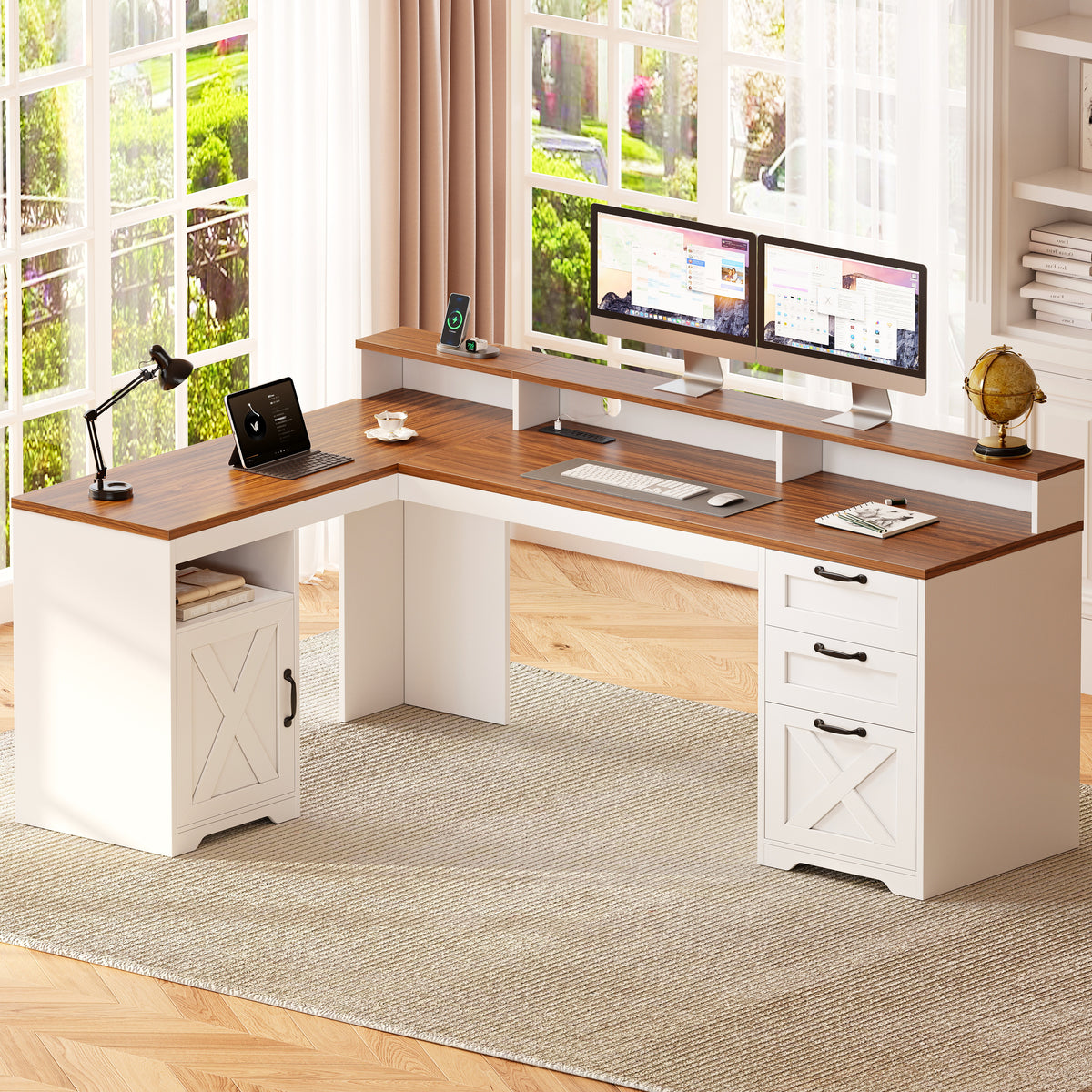 Furologee 63" Farmhouse L Shaped Desk with 3 Wooden Drawers, Printer Shelf, Corner Home Office Desk with Storage Cabinet, Monitor Stand, Power Outlets, Computer Table with Open Shelf, Brown and White