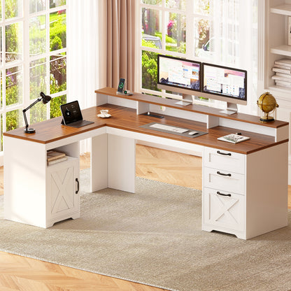 Furologee 63" Farmhouse L Shaped Desk with 3 Wooden Drawers, Printer Shelf, Corner Home Office Desk with Storage Cabinet, Monitor Stand, Power Outlets, Computer Table with Open Shelf, Brown and White