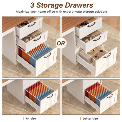 Furologee 63" Farmhouse L Shaped Desk with 3 Wooden Drawers, Printer Shelf, Corner Home Office Desk with Storage Cabinet, Monitor Stand, Power Outlets, Computer Table with Open Shelf, Brown and White