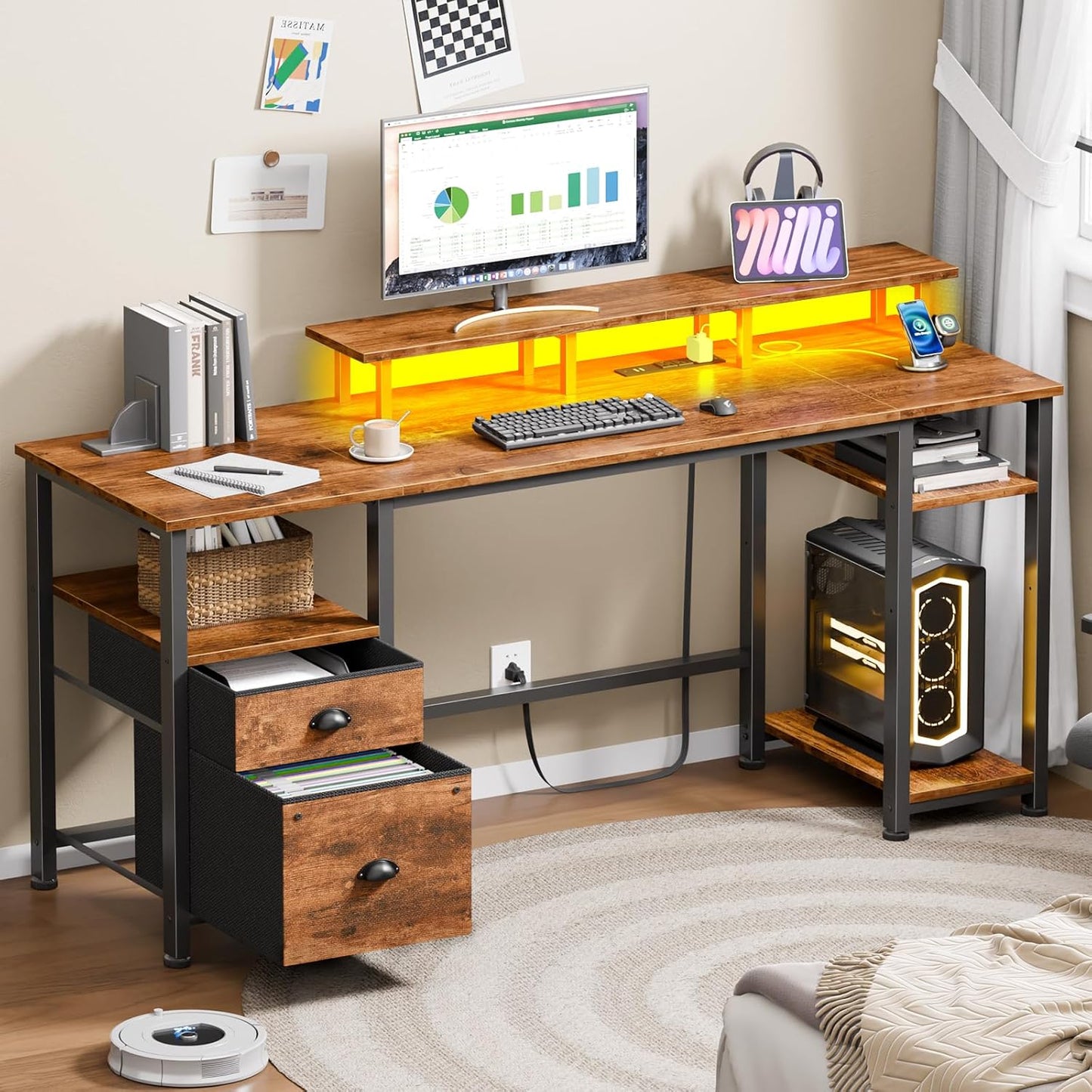 Furologee 51" Computer Desk with Fabric File Cabinet Drawer