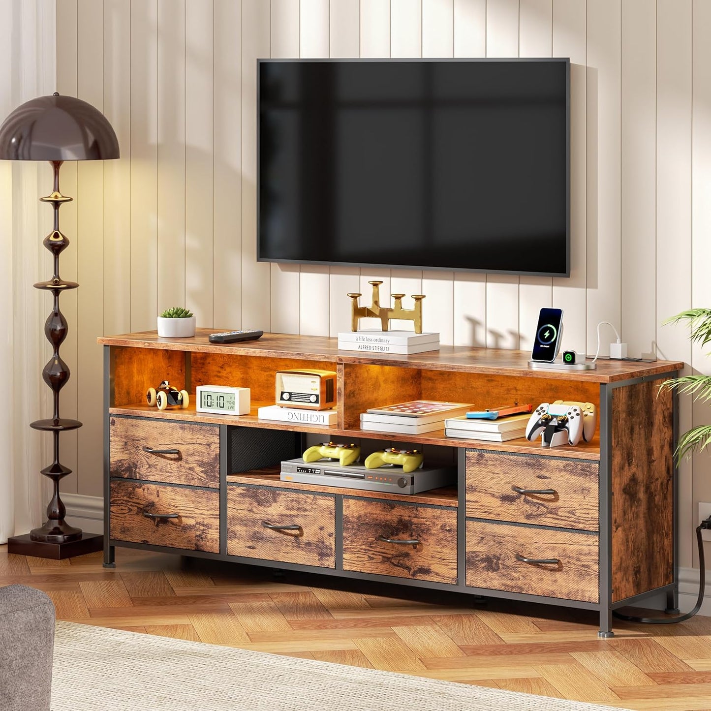 Furologee 55" Dresser TV Stand with LED & Charging Station – Media Console Table with 6 Drawers for Bedroom or Living Room