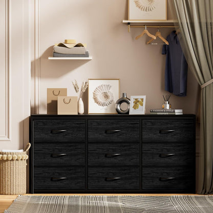 Black Dresser for Bedroom, Long Dresser for Closet, 9 Drawer TV Stand for 65 Inch TV, 15.75” Deepth Fabric Drawer, Chest of Drawer Large Storage Organizer, Hallway Furniture, Wooden Top Side