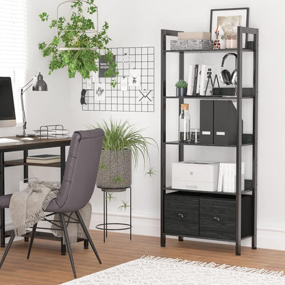 Furologee 5-Tier Bookshelf with Drawers – Tall Industrial Bookcase for Living Room or Office
