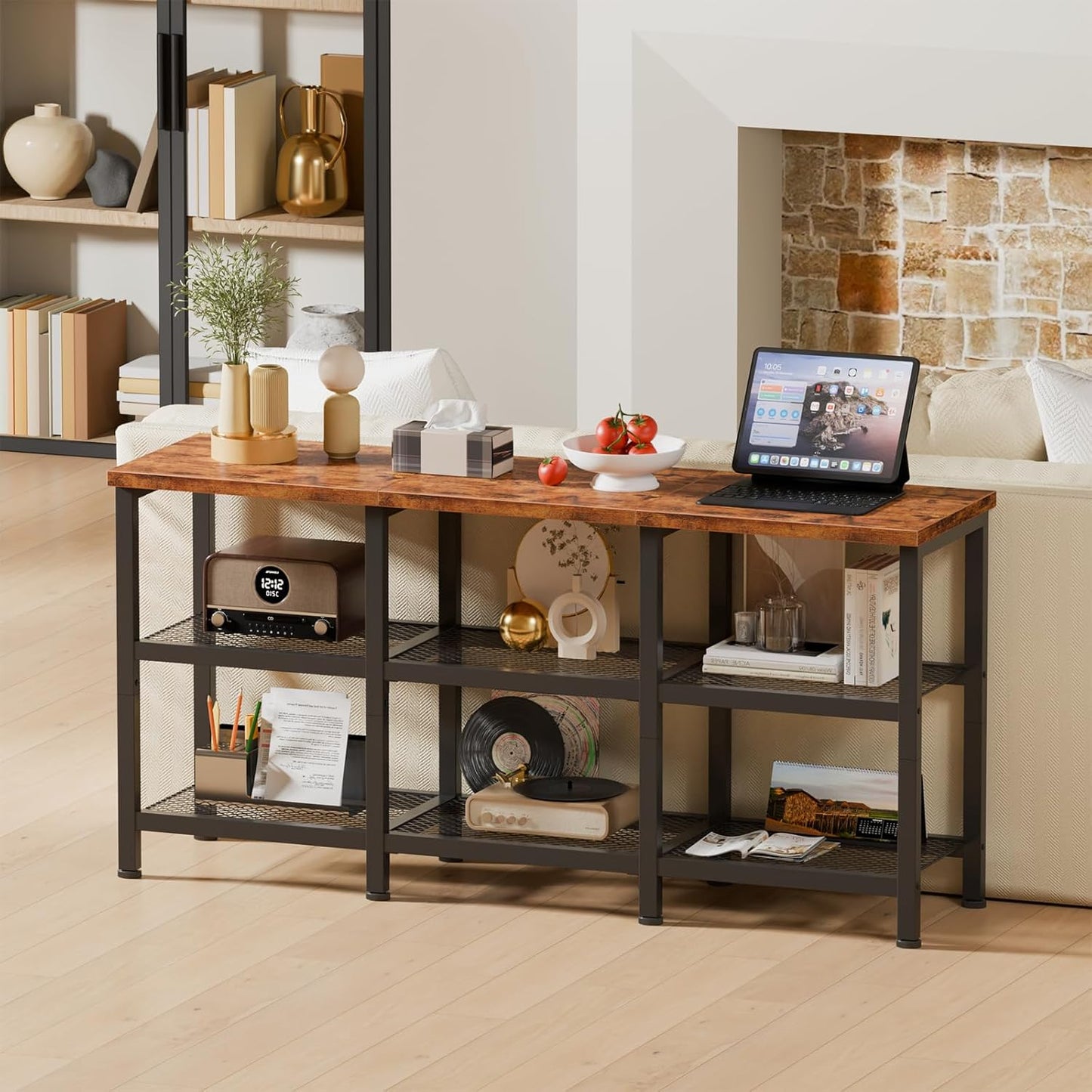 Furologee 3-Tier TV Stand for TVs up to 50” – Small Industrial Media Console with Open Storage Shelves for Living Room or Bedroom