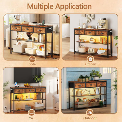 Furologee 38" Entryway Table with LED, Charging Station & 3 Fabric Drawers – Rustic Console Table with Storage Shelves