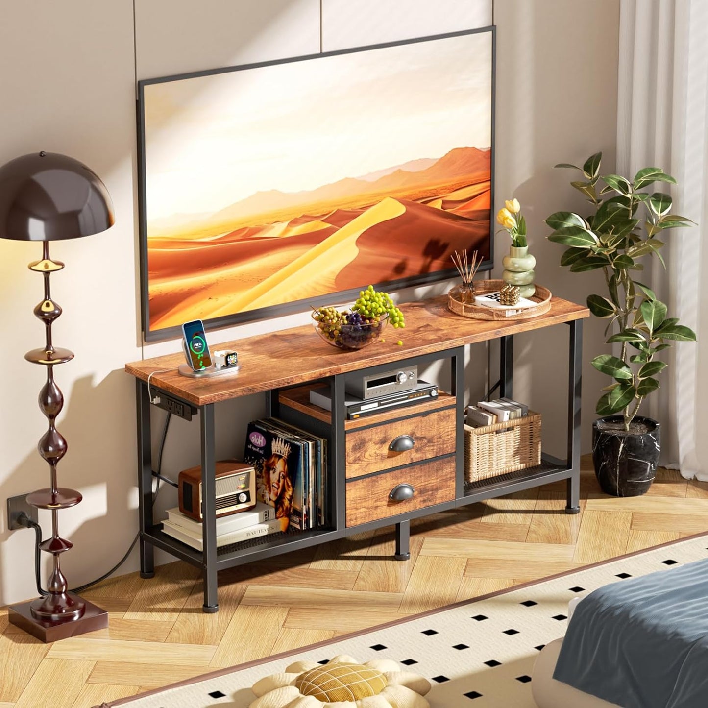 Furologee 42" TV Stand with 2 Fabric Drawers – Small Media Console with Open Storage Shelves for Bedroom & Living Room, Rustic Brown