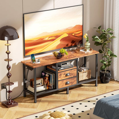 Furologee 42" TV Stand with 2 Fabric Drawers – Small Media Console with Open Storage Shelves for Bedroom & Living Room, Rustic Brown