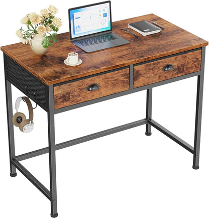 Furologee 34” White Computer Desk with Fabric Drawers & Hooks – Small Home Office or Vanity Table