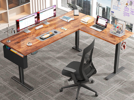 Furologee 63 Inch L Shaped Electric Standing Desk, Height Adjustable Sit to Stand Corner Desk with 2 Memory Presets, Reversible Computer Table for Home Office, Work, Study, Gaming, Rustic Brown