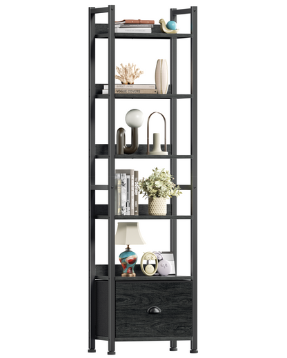 6 Tier Bookshelf, Tall Narrow Shelf with Drawer, Wood and Metal Bookshelves Storage Organizer, Industrial Display Shelving Unit for Bedroom, Living Room, Home Office
