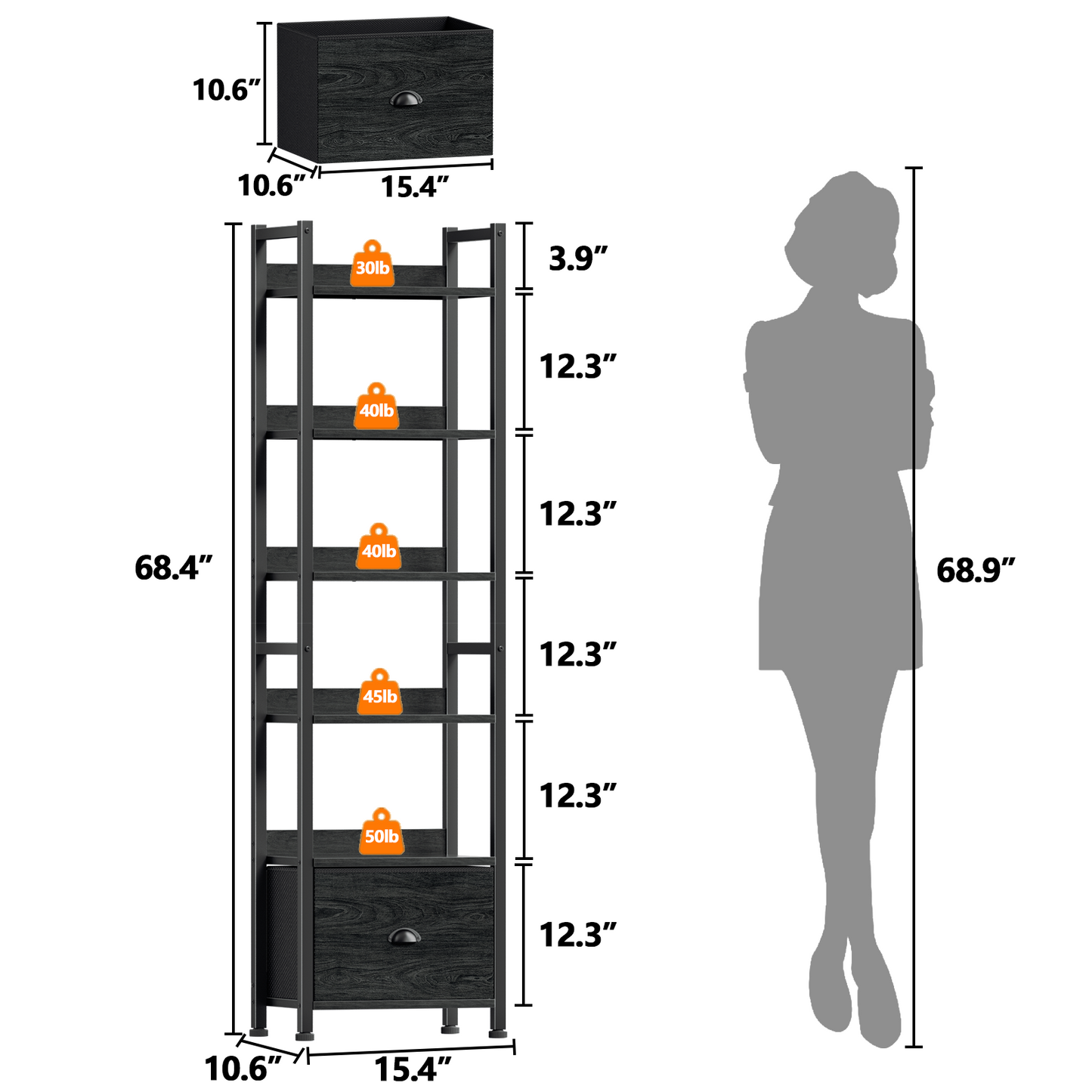 6 Tier Bookshelf, Tall Narrow Shelf with Drawer, Wood and Metal Bookshelves Storage Organizer, Industrial Display Shelving Unit for Bedroom, Living Room, Home Office