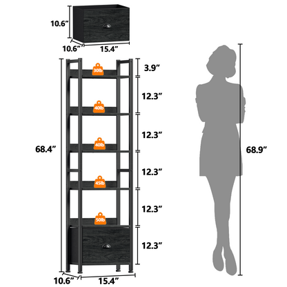 6 Tier Bookshelf, Tall Narrow Shelf with Drawer, Wood and Metal Bookshelves Storage Organizer, Industrial Display Shelving Unit for Bedroom, Living Room, Home Office