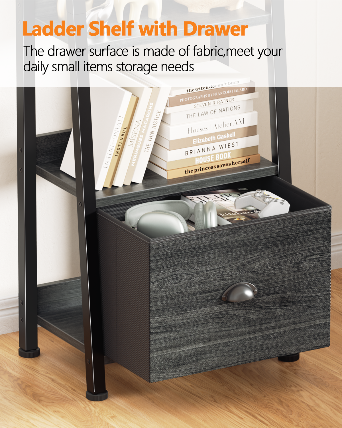 6 Tier Ladder Shelf,Ladder Bookshelf with Drawer,Modern Tall Bookcase,Storage Rack Organizer,Wood Metal Freestanding Shelves for Living Room, Home Office, Bedroom