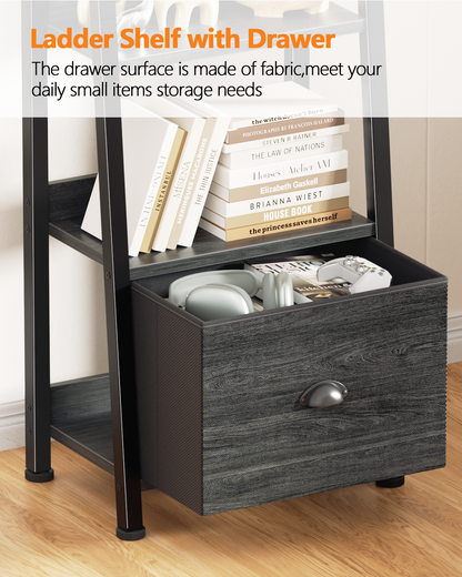 6 Tier Ladder Shelf,Ladder Bookshelf with Drawer,Modern Tall Bookcase,Storage Rack Organizer,Wood Metal Freestanding Shelves for Living Room, Home Office, Bedroom