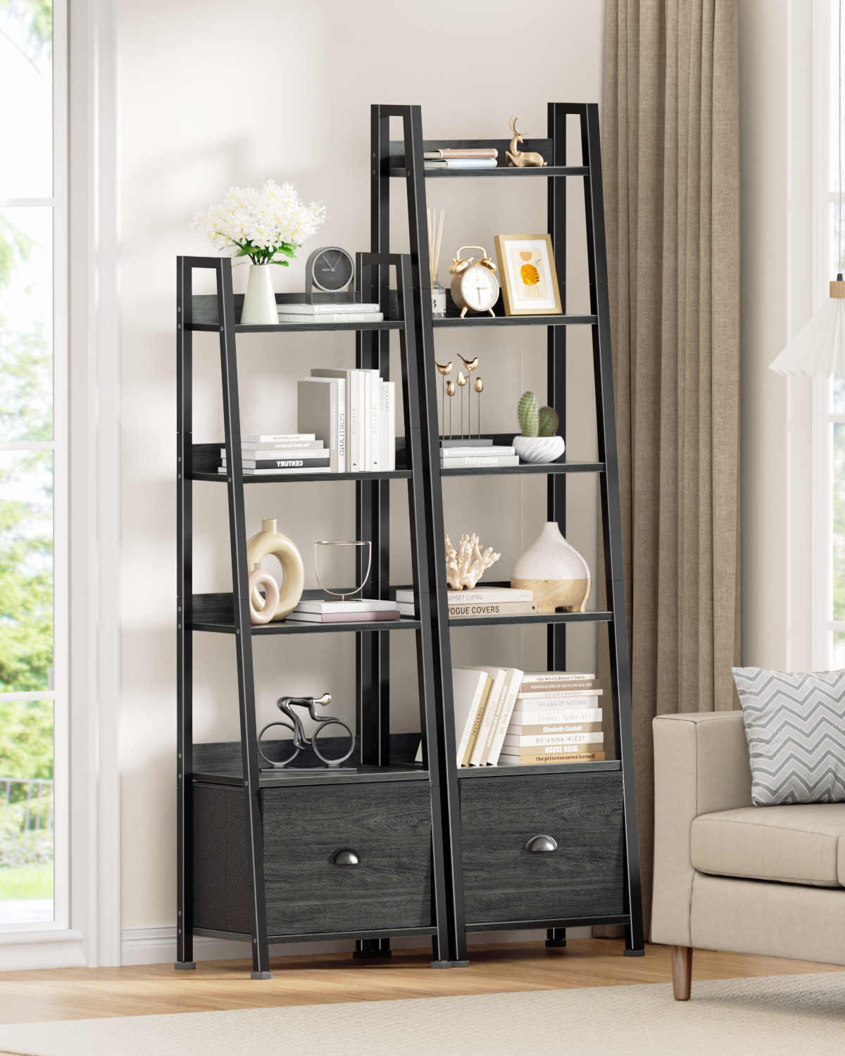 6 Tier Ladder Shelf,Ladder Bookshelf with Drawer,Modern Tall Bookcase,Storage Rack Organizer,Wood Metal Freestanding Shelves for Living Room, Home Office, Bedroom