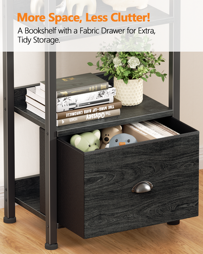 6 Tier Bookshelf, Tall Narrow Shelf with Drawer, Wood and Metal Bookshelves Storage Organizer, Industrial Display Shelving Unit for Bedroom, Living Room, Home Office