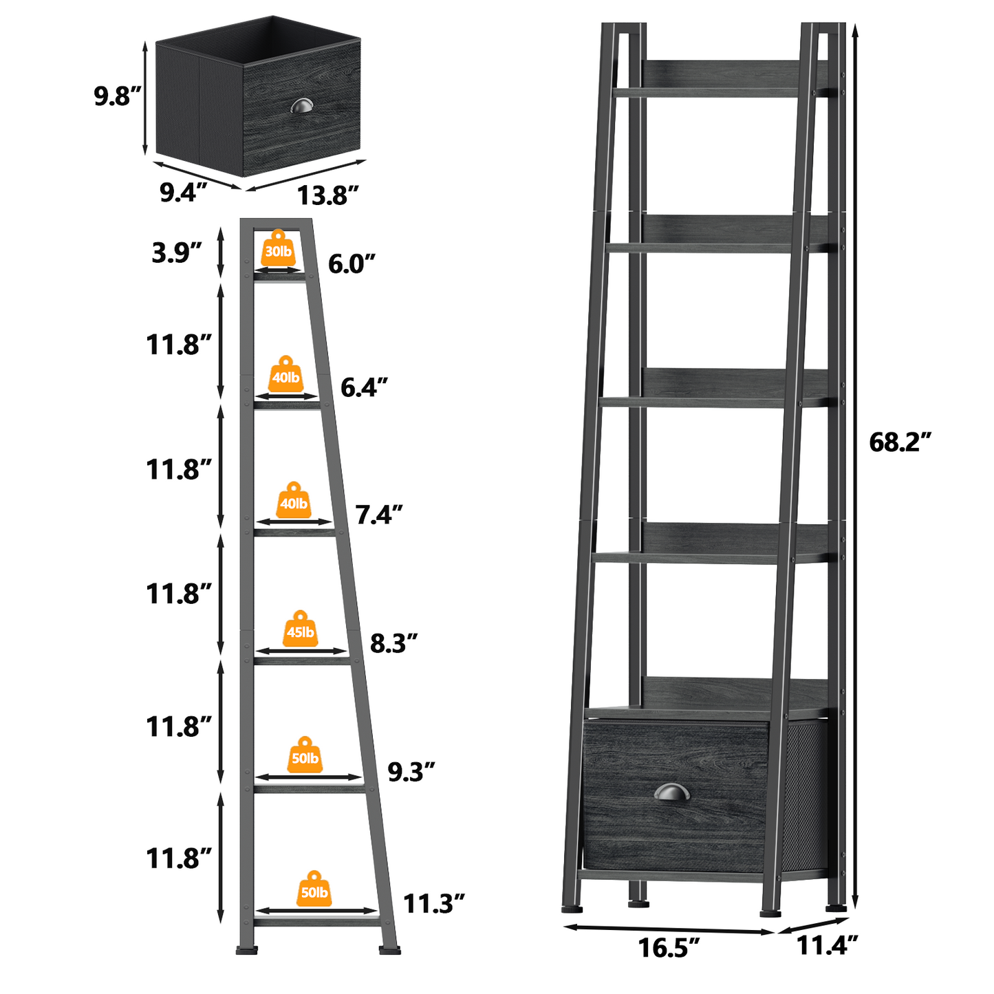 6 Tier Ladder Shelf,Ladder Bookshelf with Drawer,Modern Tall Bookcase,Storage Rack Organizer,Wood Metal Freestanding Shelves for Living Room, Home Office, Bedroom