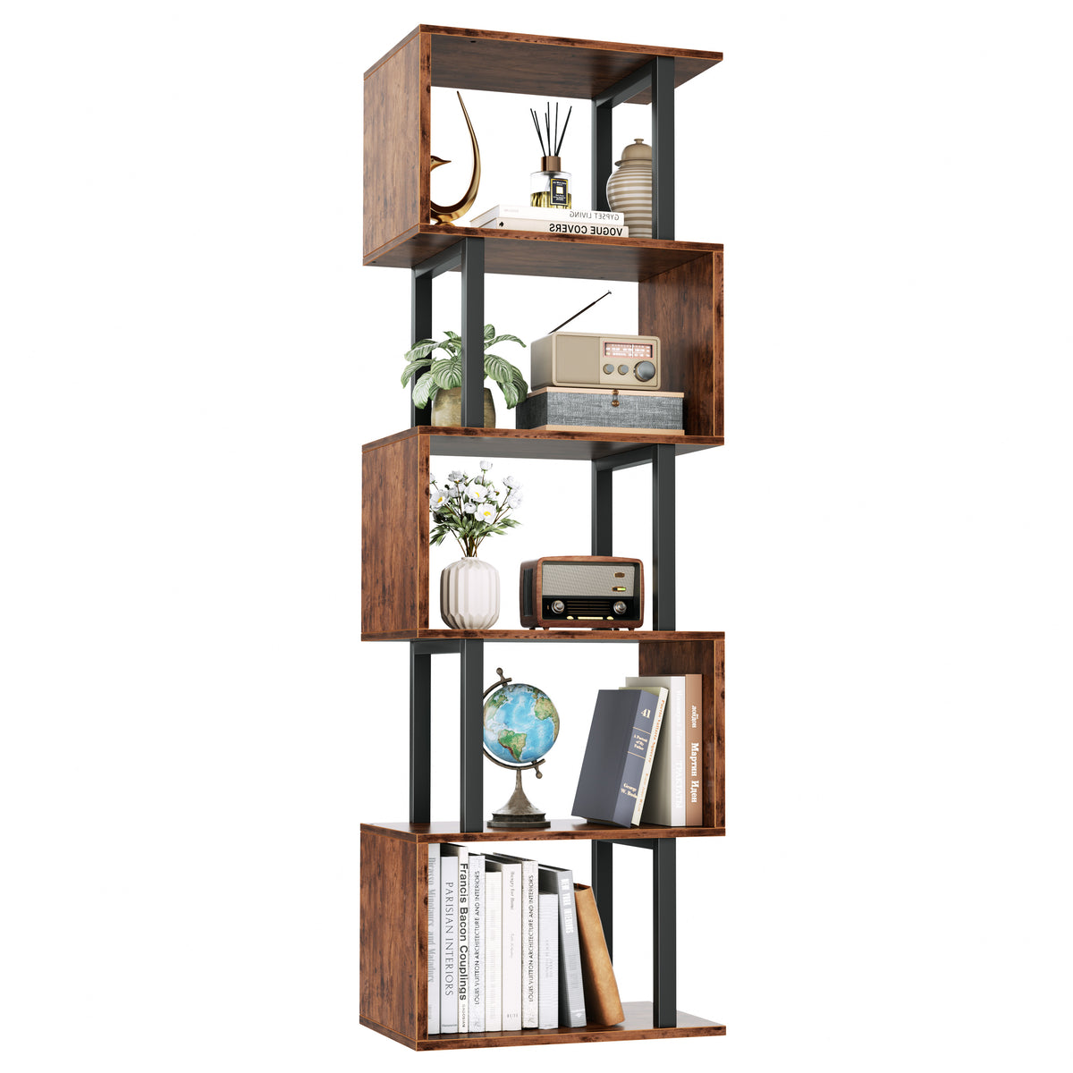 Furologee 6 Tier Bookshelf, S Shaped Geometric Bookcase, Rustic Brown 57.5'' Tall Industrial Display Shelf Standing Unit, Room Divider Shelf for Bedroom, Living room, Office