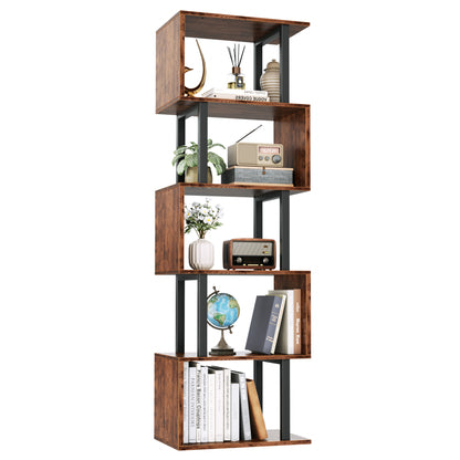 Furologee 6 Tier Bookshelf, S Shaped Geometric Bookcase, Rustic Brown 57.5'' Tall Industrial Display Shelf Standing Unit, Room Divider Shelf for Bedroom, Living room, Office