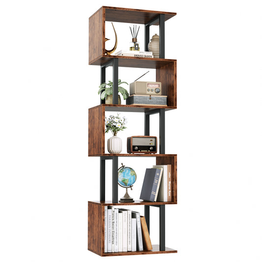 Furologee 6 Tier Bookshelf, S Shaped Geometric Bookcase, Rustic Brown 57.5'' Tall Industrial Display Shelf Standing Unit, Room Divider Shelf for Bedroom, Living room, Office