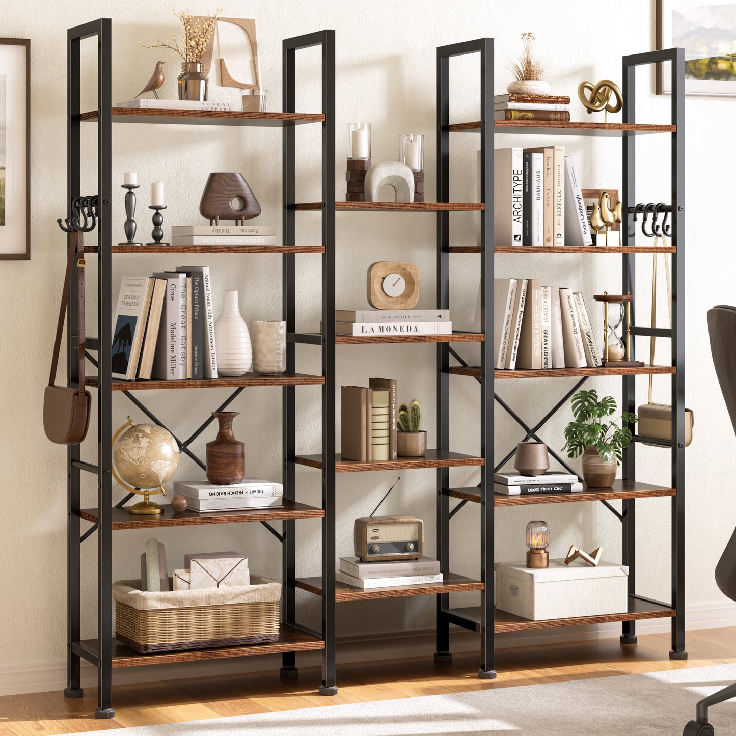 Furologee 14 Display Shelf Bookcase, 5 Tier Triple Large Bookshelf, Wide Book Shelf