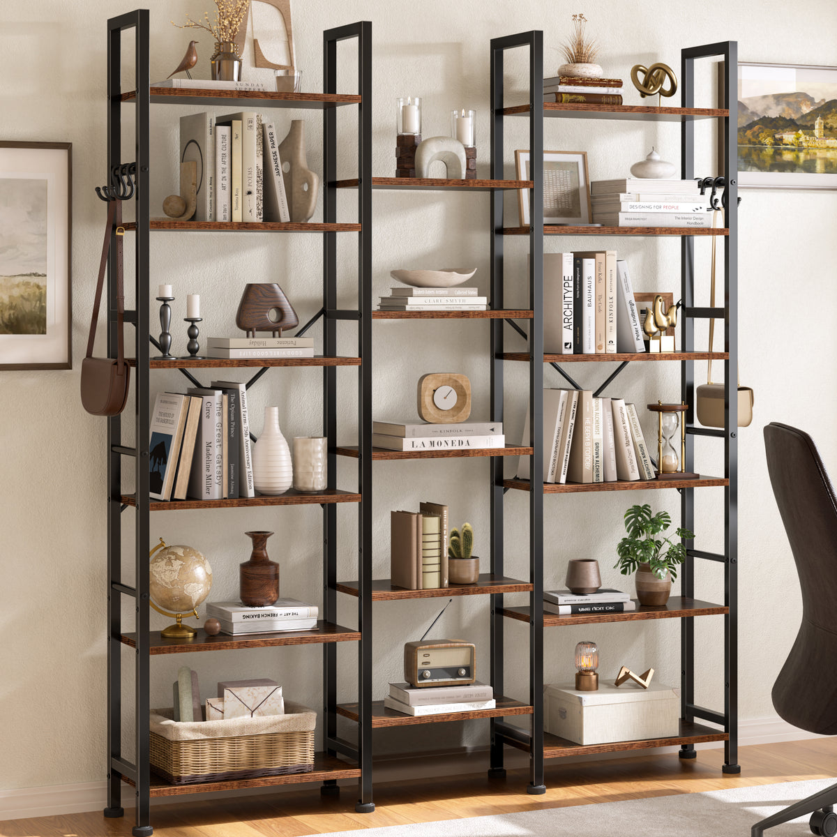 Furologee 17 Display Shelf Bookcase, 6 Tier Triple Large Bookshelf, Wide Book Shelf