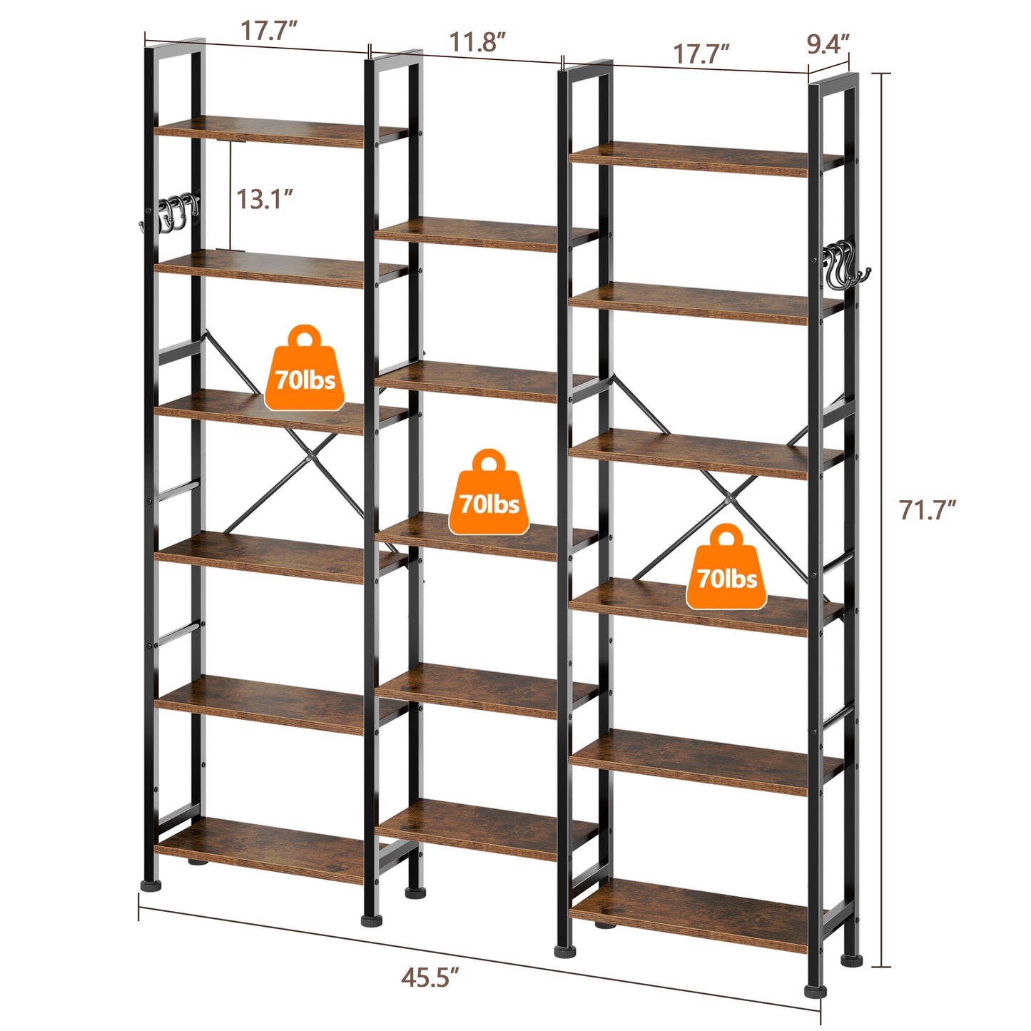Furologee 17 Display Shelf Bookcase, 6 Tier Triple Large Bookshelf, Wide Book Shelf