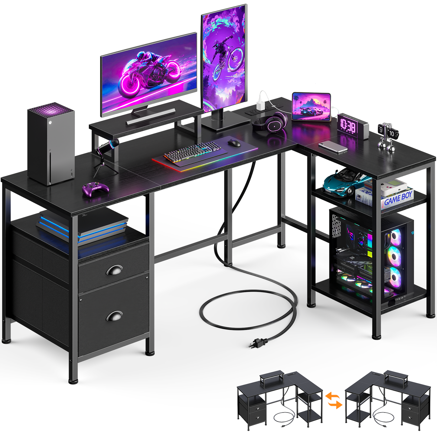 Furologee 50 Inch L Shaped Gaming Desk with Power Outlets, Computer Desk with Storage Shelves & Drawers & Monitor Stand, Reversible Gaming Table for Bedroom and Home Office, Black