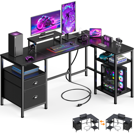 Furologee 50 Inch L Shaped Gaming Desk with Power Outlets, Computer Desk with Storage Shelves & Drawers & Monitor Stand, Reversible Gaming Table for Bedroom and Home Office, Black