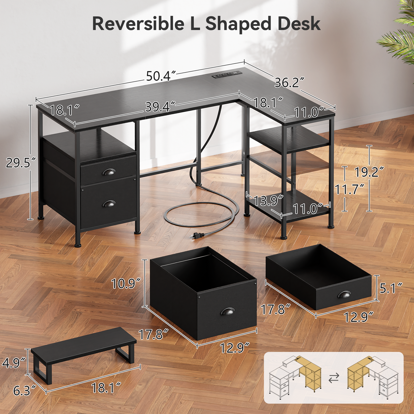 Furologee 50 Inch L Shaped Gaming Desk with Power Outlets, Computer Desk with Storage Shelves & Drawers & Monitor Stand, Reversible Gaming Table for Bedroom and Home Office, Black