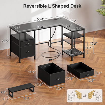 Furologee 50 Inch L Shaped Gaming Desk with Power Outlets, Computer Desk with Storage Shelves & Drawers & Monitor Stand, Reversible Gaming Table for Bedroom and Home Office, Black