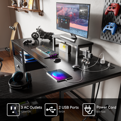 Furologee 50 Inch L Shaped Gaming Desk with Power Outlets, Computer Desk with Storage Shelves & Drawers & Monitor Stand, Reversible Gaming Table for Bedroom and Home Office, Black