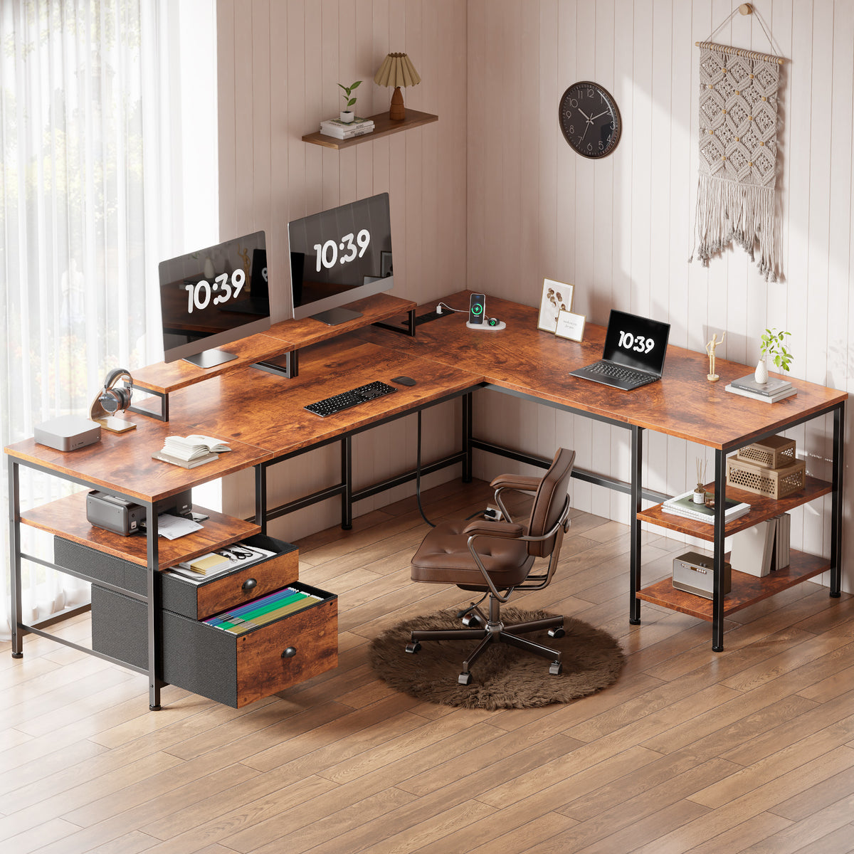 Furologee 66'' L Shaped Desk with Power Outlet and 2 Drawers, Rustic Brown Reversible Computer Office Desk, Dual Monitor Stand, Fabric File Cabinet, Storage Shelves, for Corner Working Study Table
