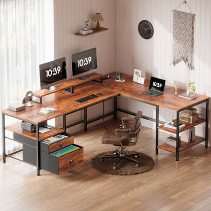 Furologee 66'' L Shaped Desk with Power Outlet and 2 Drawers, Rustic Brown Reversible Computer Office Desk, Dual Monitor Stand, Fabric File Cabinet, Storage Shelves, for Corner Working Study Table