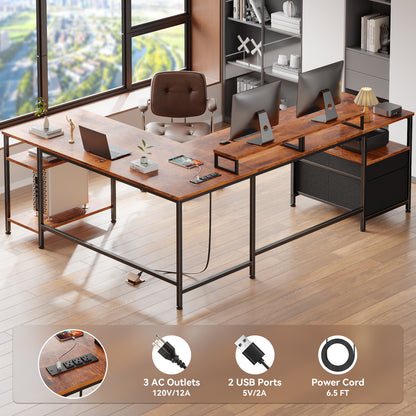 Furologee 66'' L Shaped Desk with Power Outlet and 2 Drawers, Rustic Brown Reversible Computer Office Desk, Dual Monitor Stand, Fabric File Cabinet, Storage Shelves, for Corner Working Study Table