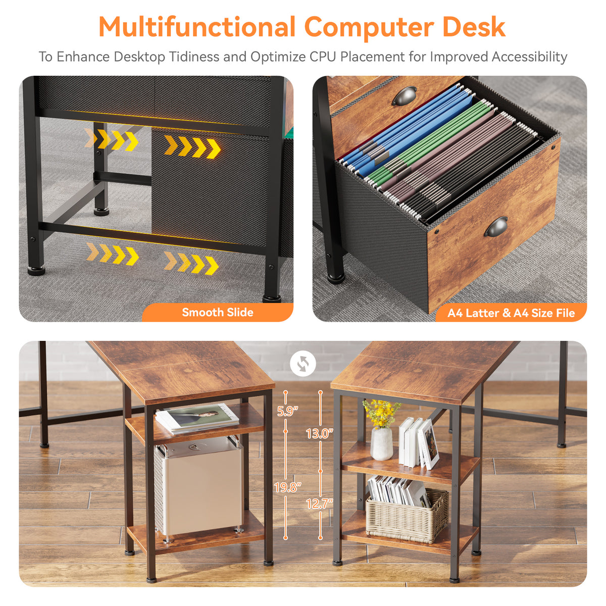 Furologee 66'' L Shaped Desk with Power Outlet and 2 Drawers, Rustic Brown Reversible Computer Office Desk, Dual Monitor Stand, Fabric File Cabinet, Storage Shelves, for Corner Working Study Table